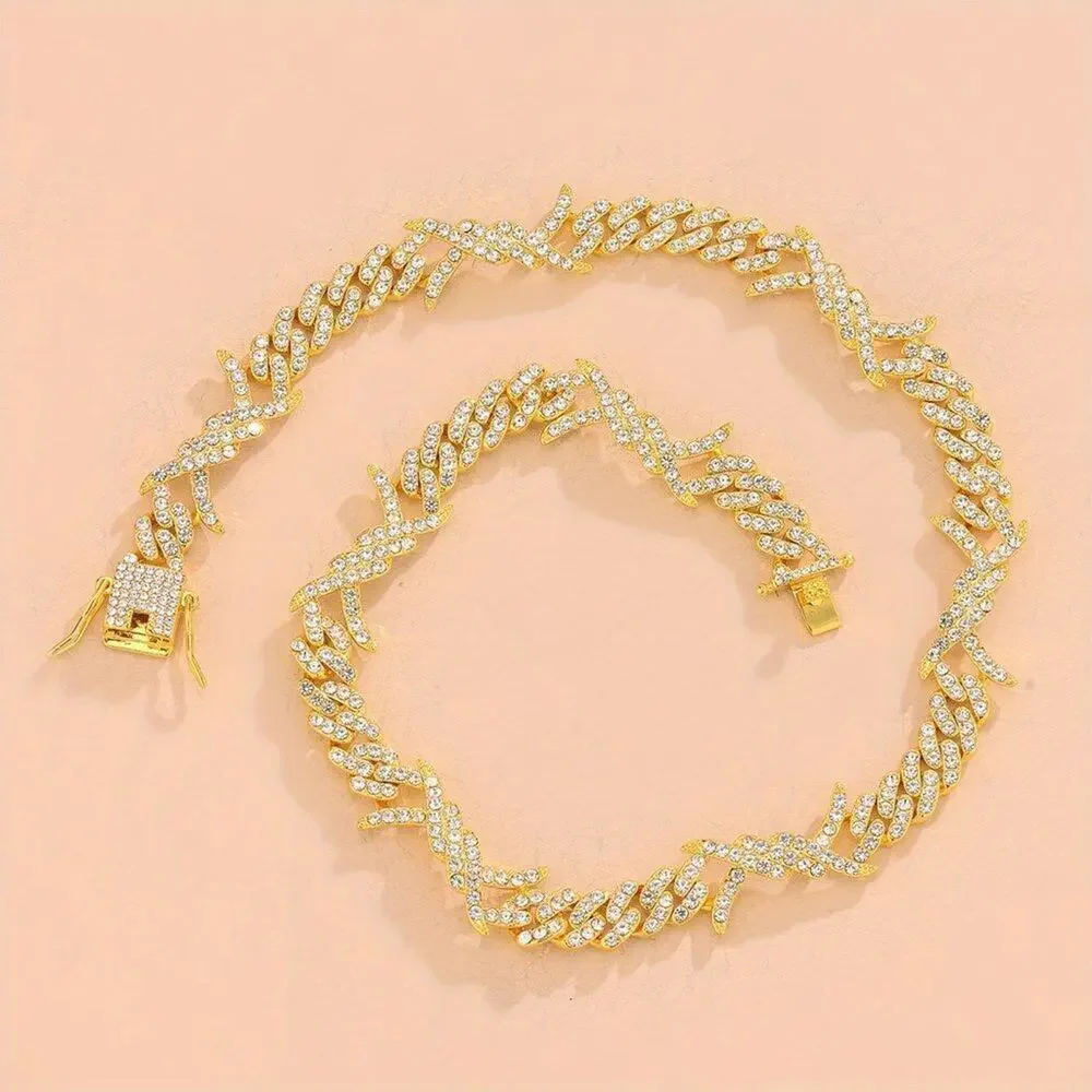 18K Gold Plated Cuban Link Thorn Flame Zircon Necklace